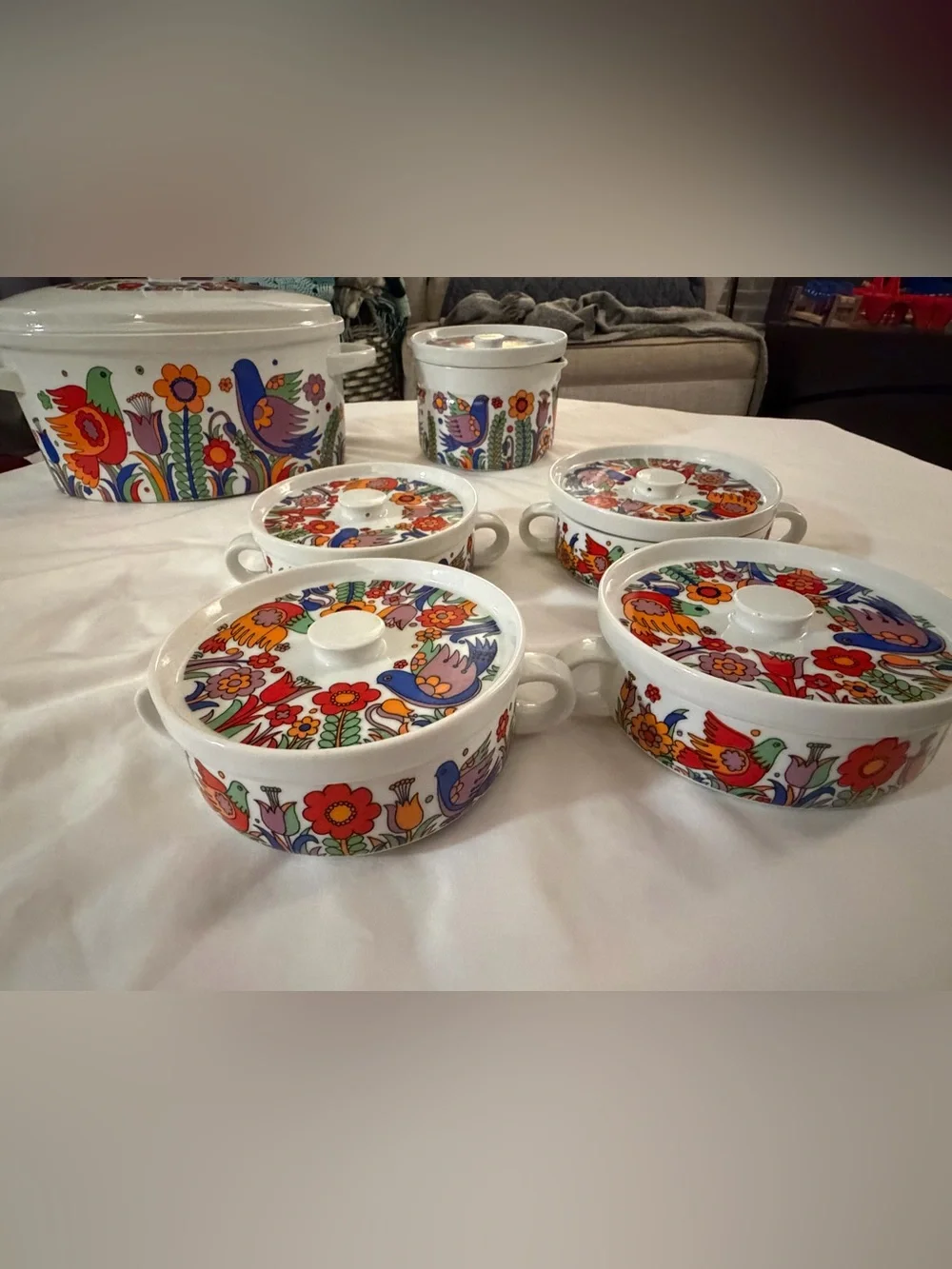 Vintage Royal Crown Paradise Japan Ovenware Set Birds Flowers MCM 9 Pc Lot